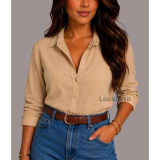 Camisa Feminina Social Manga Longa Botões Funcionais Tecido Viscolinho Premium Look Casual Trabalho