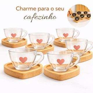 Jogo de Xícaras de Café com Pires de Madeira Coração Cantinho do Café Kit Presente Feminino