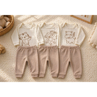 Conjunto Bebê Suedine 100% Algodão Body + Calça Estampa Safari Minimalista Animais Enxoval RN ao GG