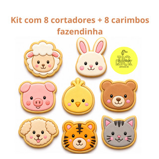 kit com 8 cortador de Biscoito tema fazendinha com marcador, para biscoito pasta americana, biscuit, massinha, lembrança