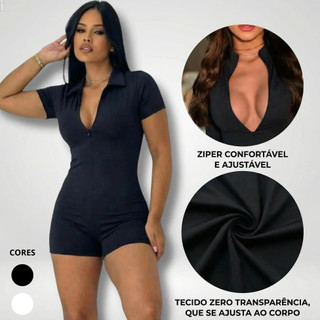 Macaquinho Feminino Moda Gringa Fitness Macacão Gringo Shorts Curto Manga Curta Ziper Blogueira