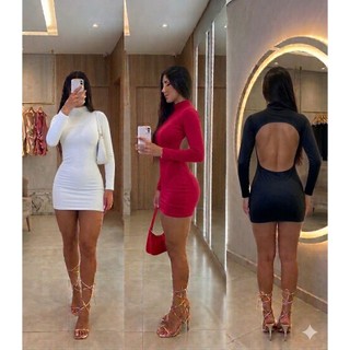 ✨Vestido Rebeca Feminino ✨ Manga Longa Costas Nuas Gola Alta Casual Luxo Moda Gringa Tendência