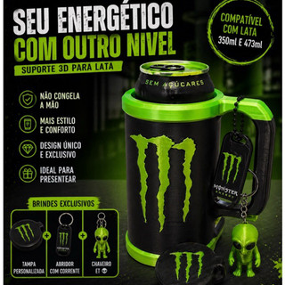 Suporte para Lata de Energético 3D + Tampa + Abridor + Chaveiro ET ? | Porta Lata Estilo Caneca Inspirado Monster Energy