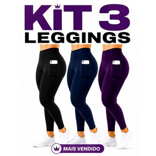 Kit 3 Calça Legging Feminina com Bolso Lateral Fitness Cós alto Esportiva ideal guardar objetos