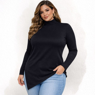 blusa plus size manga longa inverno gola alta assimétrica canelado