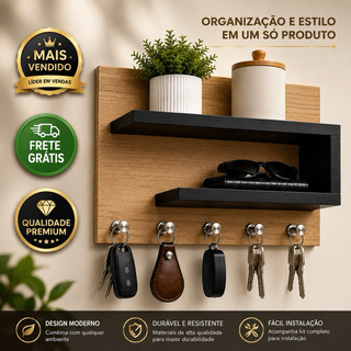 Porta Chaves de Parede MDF com Prateleira – Armazenamento Inteligente e Decorativo