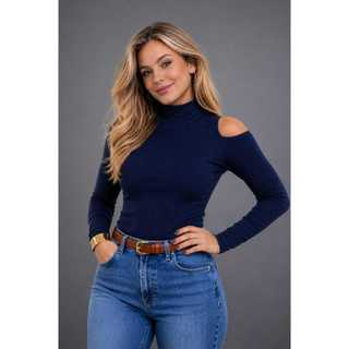 Blusa Feminina Canelada Decote Ombro Manga Longa Frio Look Dia a Dia Trabalho
