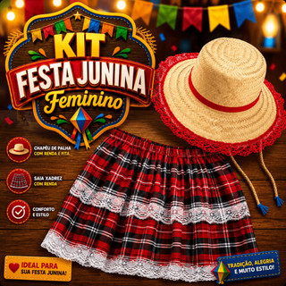 Kit Saia Xadrez Festa Junina Julina Feminina com Chapéu Caipira Adulto Juvenil Festa São João