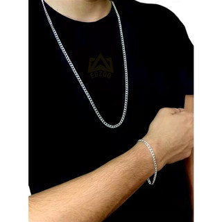 Corrente Cordão Com Pulseira Banhado Prata 925 Masculina 60Cm-70cm 4mm