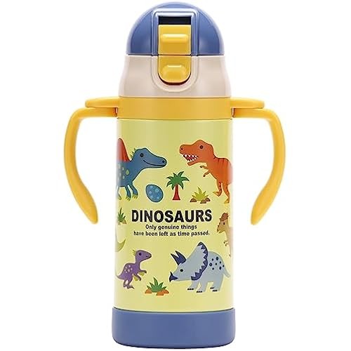 Skater Stainless Steel Water Bottle with Two Handed Straw Baby Mug Dinosaurus Picture Book 350ml STW