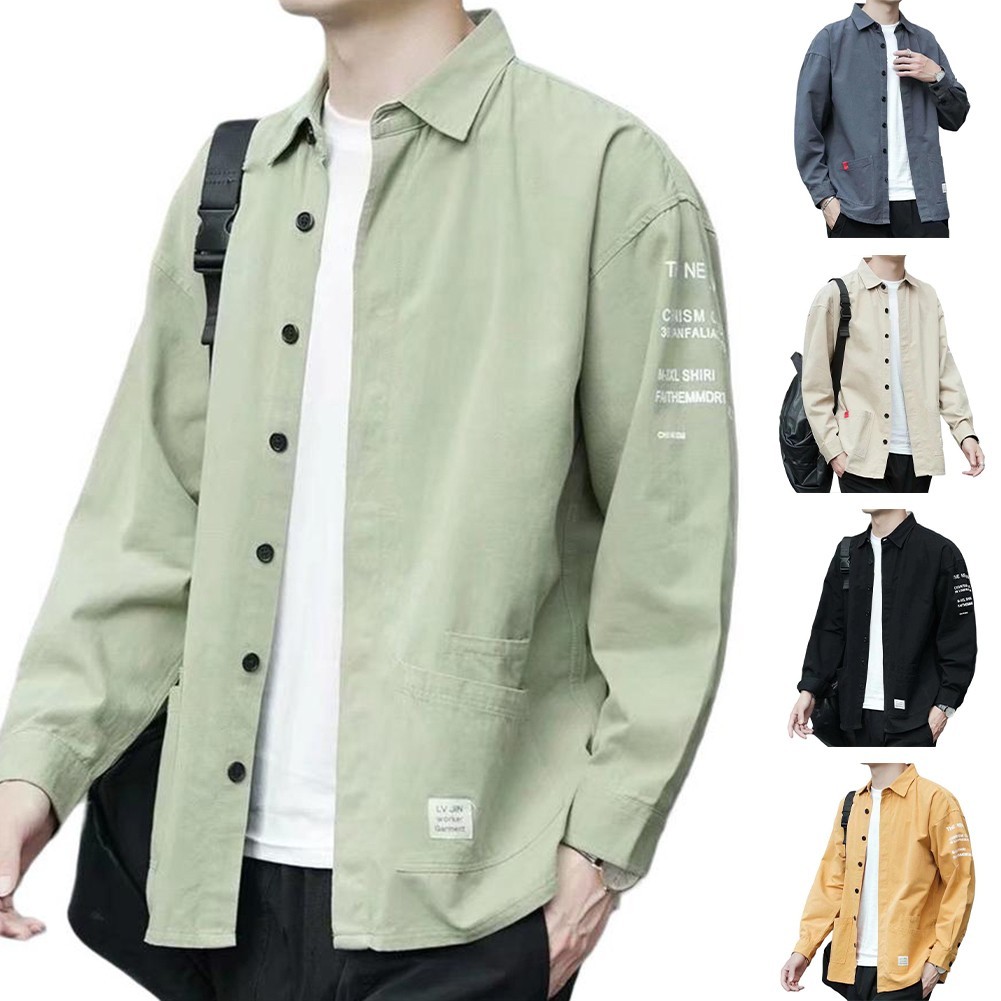 [ใหม่] Solid Herringbone Shirt Mens Engineer Tooling Long Sleeve Cardigan Clothing