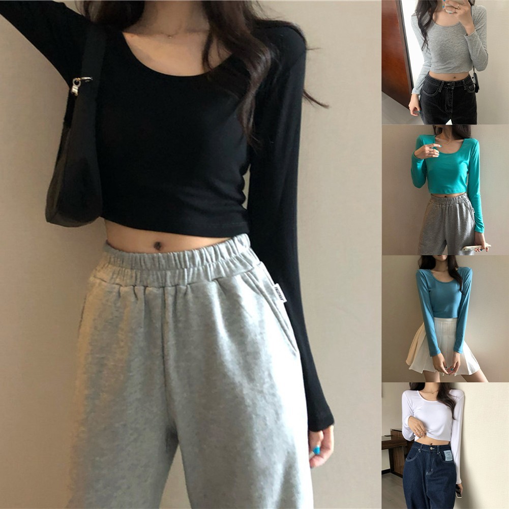 [LMS] Wmen เสื้อยืดแขนยาวคอยูสีทึบทรงเข้ารูปเอวสูงแบบสั้น