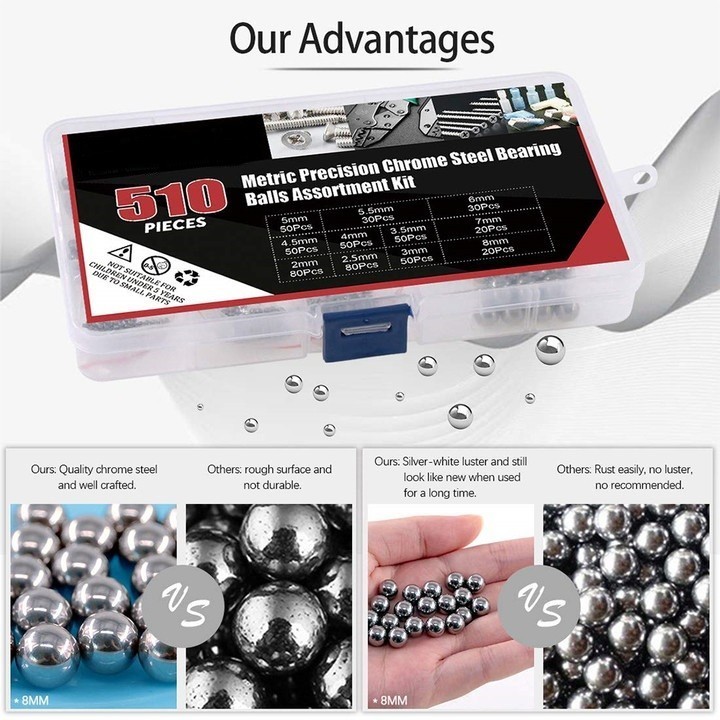 [สต็อก] 510PC Stainless Steel Ball 304 2mm-8mm Assortment Precision Bearing Balls CH
