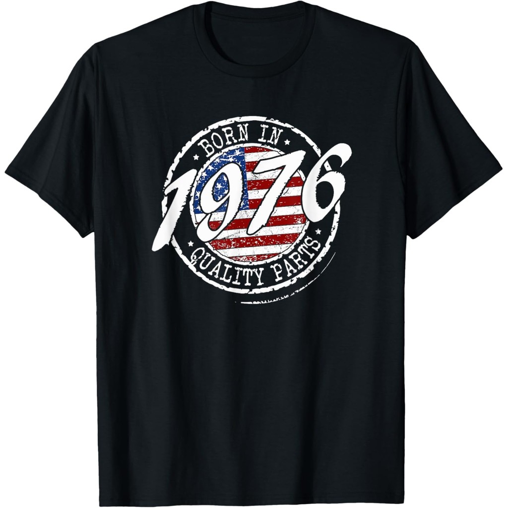 เสื้อยืดผ้าฝ้ายผู้ชาย Born In 1976 Birthday, Vintage Flag Born In 1976 Birthday T-Shirt