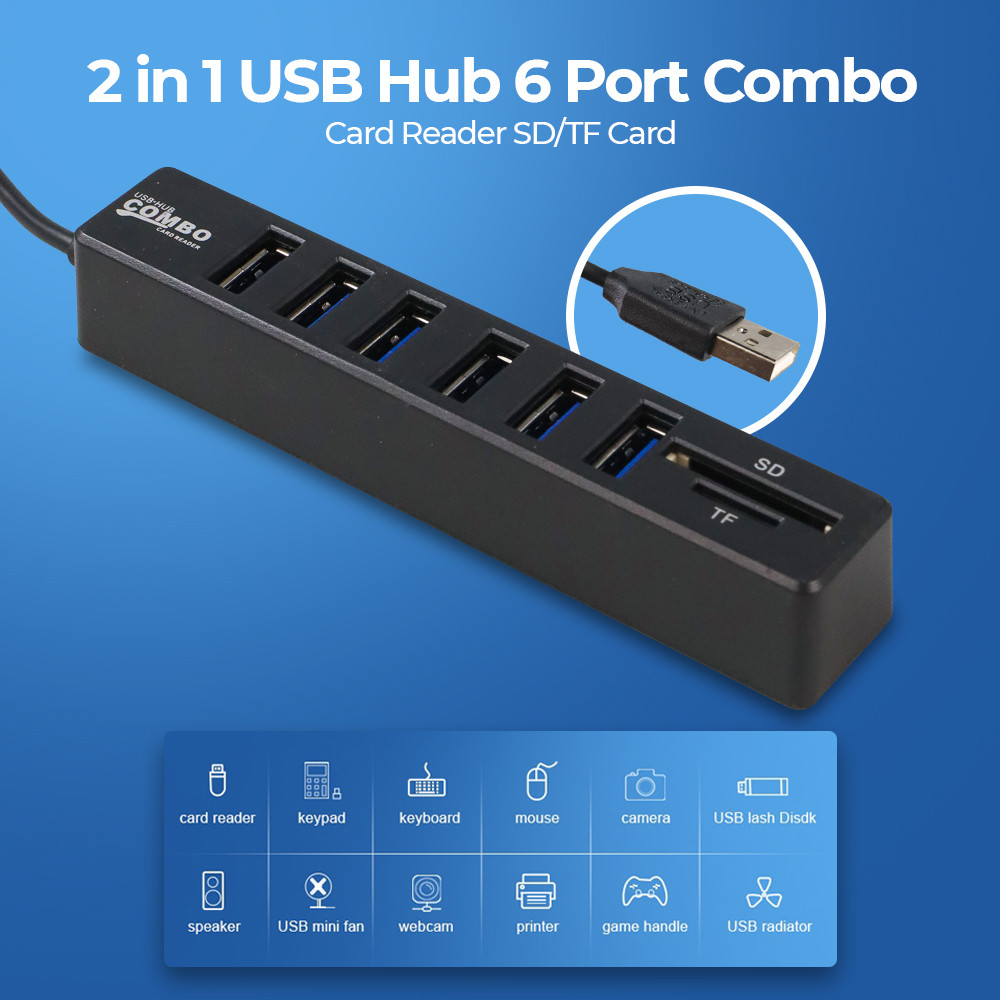 เครื่องอ่านการ์ด 8in1 USB 2.0 USB Hub USB 2.0 MicroSD SD TF Card - CB220602