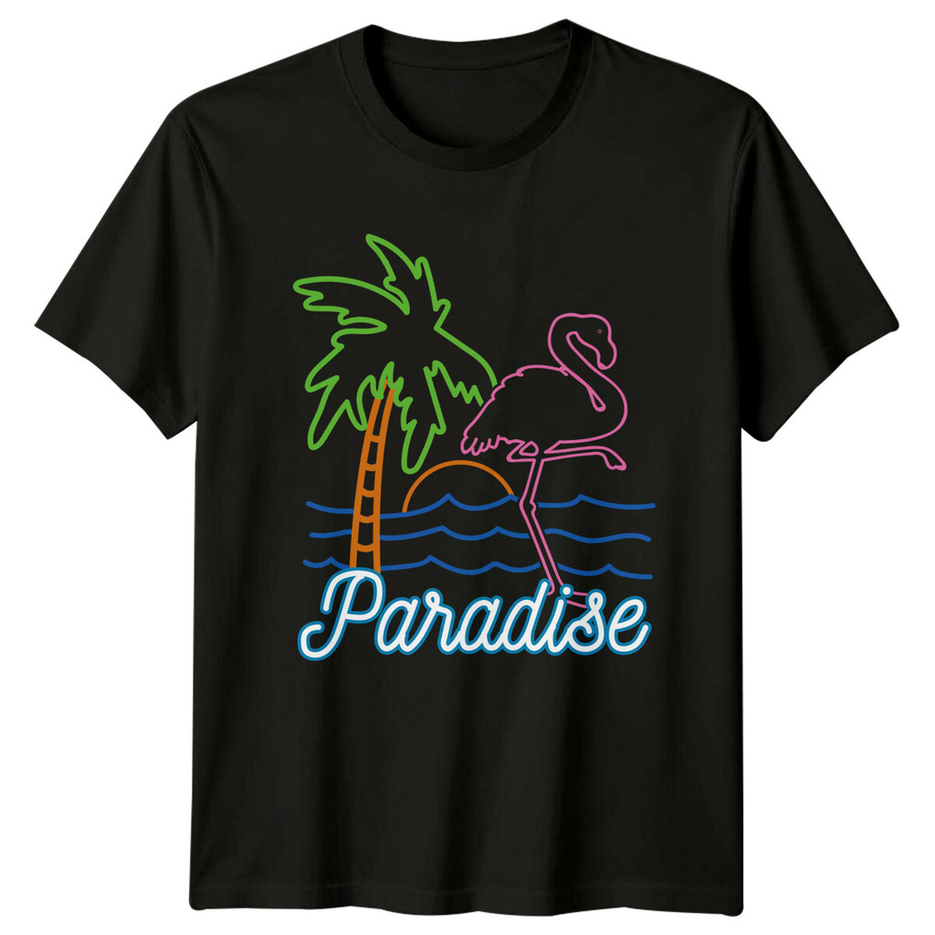 Retro Paradise Flamingo Beach เสื้อยืด Neon Palm Tree Vacation Tee