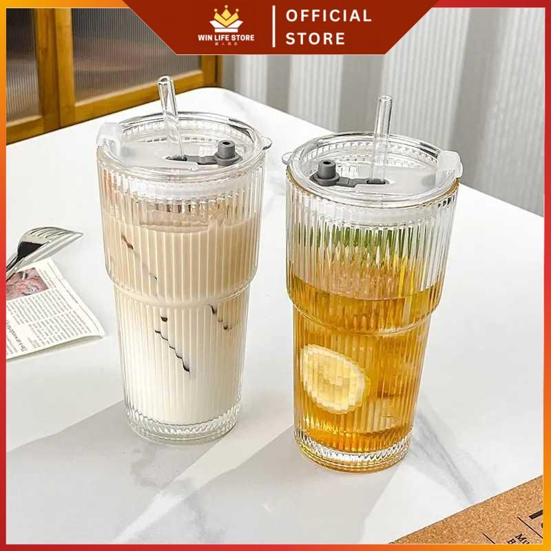 WinLifeStore - Aesthetic Coffee Dirty Latte Stripe Glass พร้อมฝาปิด 600ml / แก้วน้ําแก้วสุนทรียศาสตร