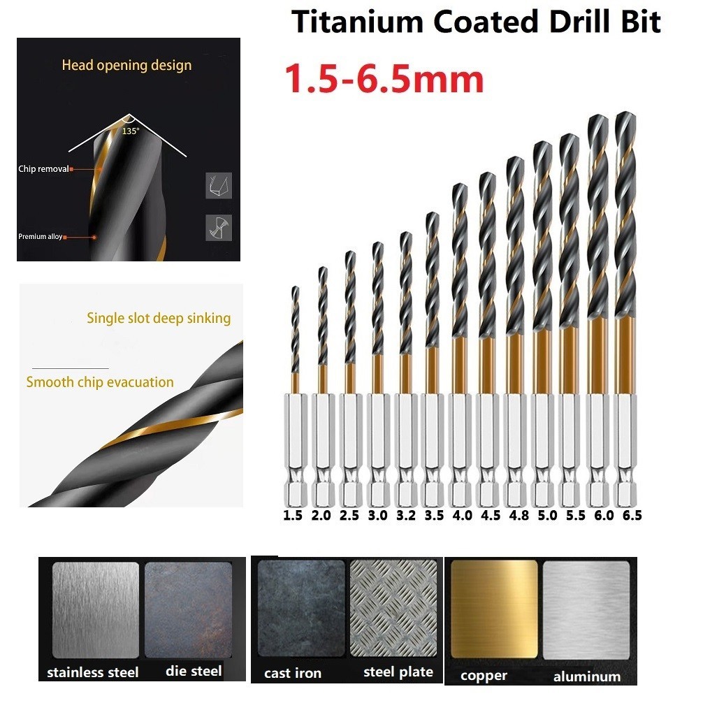 ⭐พร้อมส่ง⭐1PC HSS High Speed Steel Coated Drill Bit Set 1/4 Hex Shank 1.5-6.5mm
