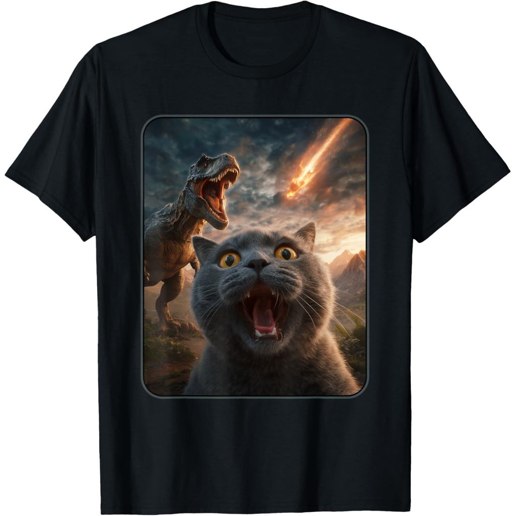 เสื้อยืดผ้าฝ้ายผู้ชาย Cat Selfie พร้อม T-Rex ไดโนเสาร์แมวตลก T Rex เสื้อ Meme เสื้อยืดผ้าฝ้ายคุณภาพส
