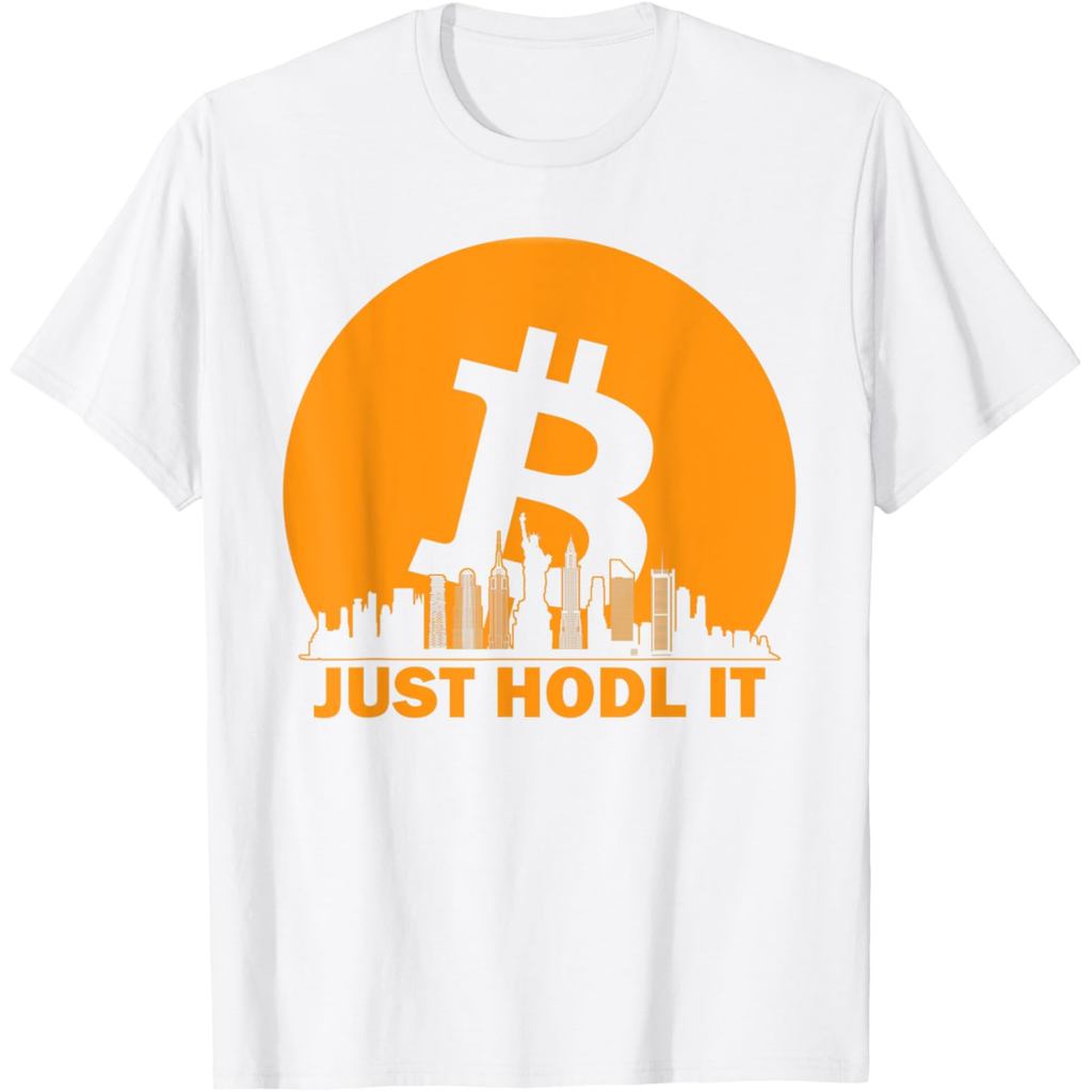 เสื้อยืดผ้าฝ้ายผู้ชาย JUST HODL IT - New York BTC Bitcoin - เสื้อยืด New York City Skyline ผ้าฝ้ายคุ