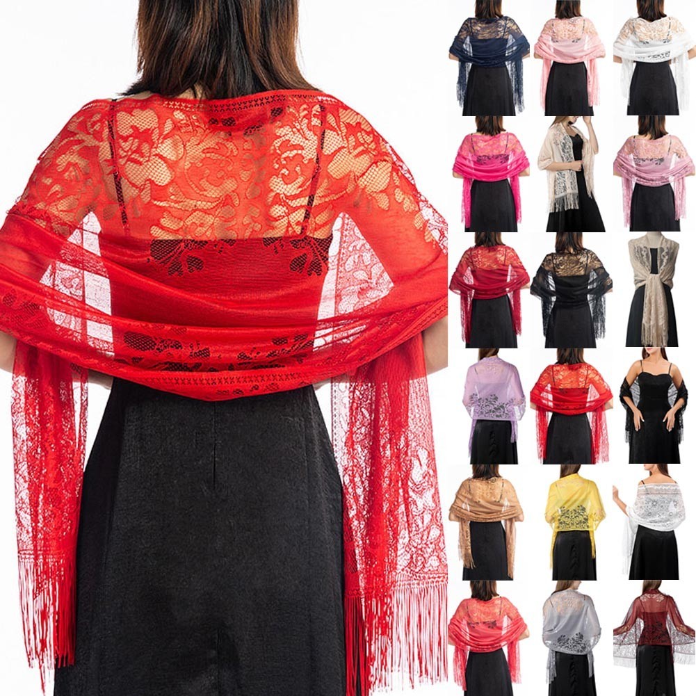 จัดส่งด่วน⚡Wedding Wrap ผ้าคลุมไหล่ Tulle Lace Sheer Party ชุดราตรียาวผ้าคลุมไหล่ผ้าพันคอ Tassels พรหม