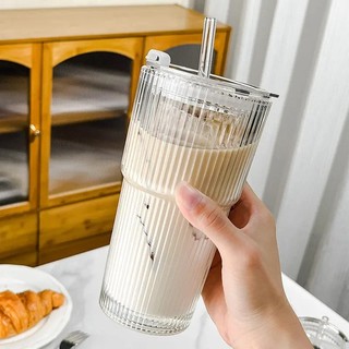 Gelas Kaca Stripe Unik Antik Aesthetic 600ml dengan Tutup Stripe Glass Utk Kopi Teh Jus Korean Style