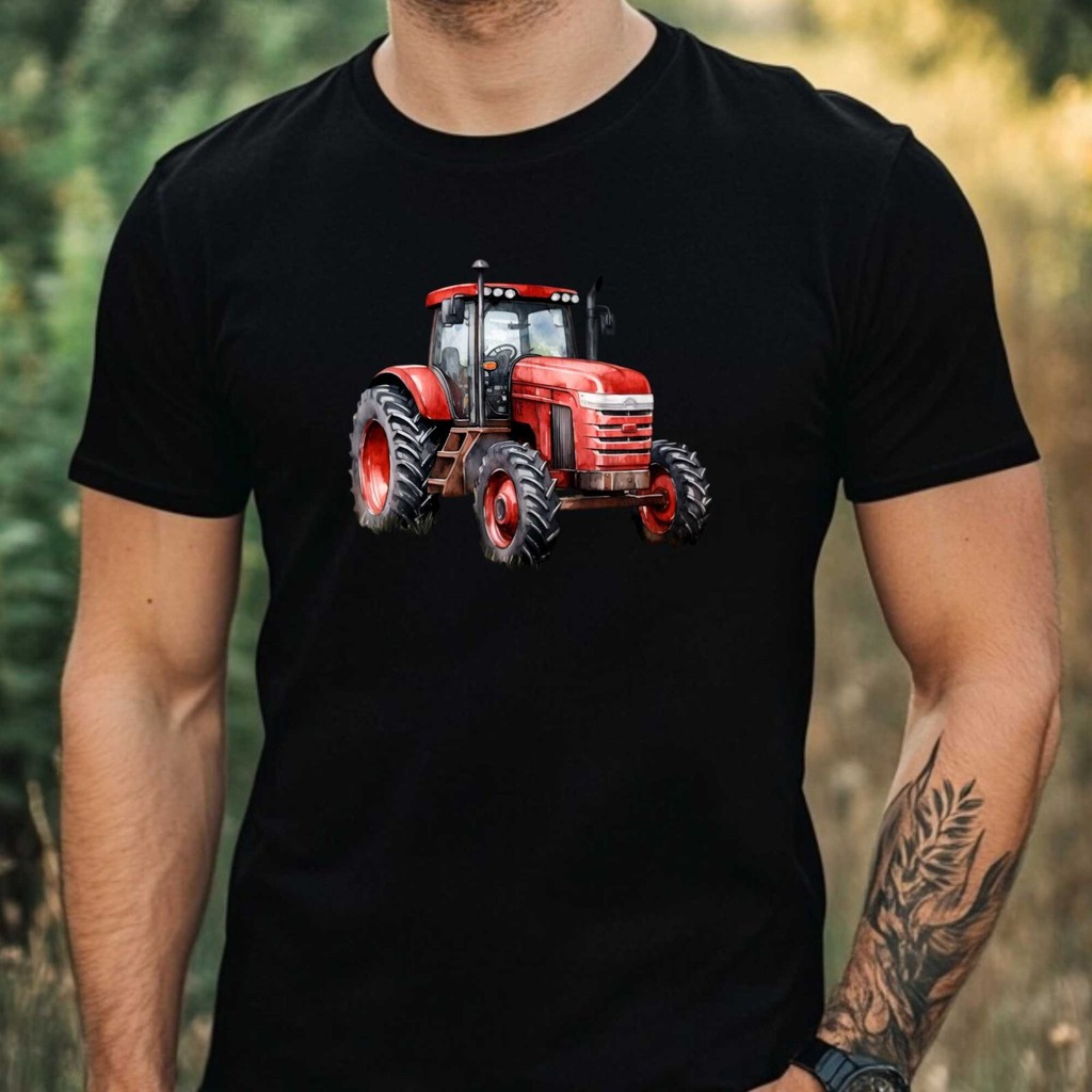 90s Casual Fashion Short Sleeve Mens Watercolor Tractor Motif Cotton T-Shirt