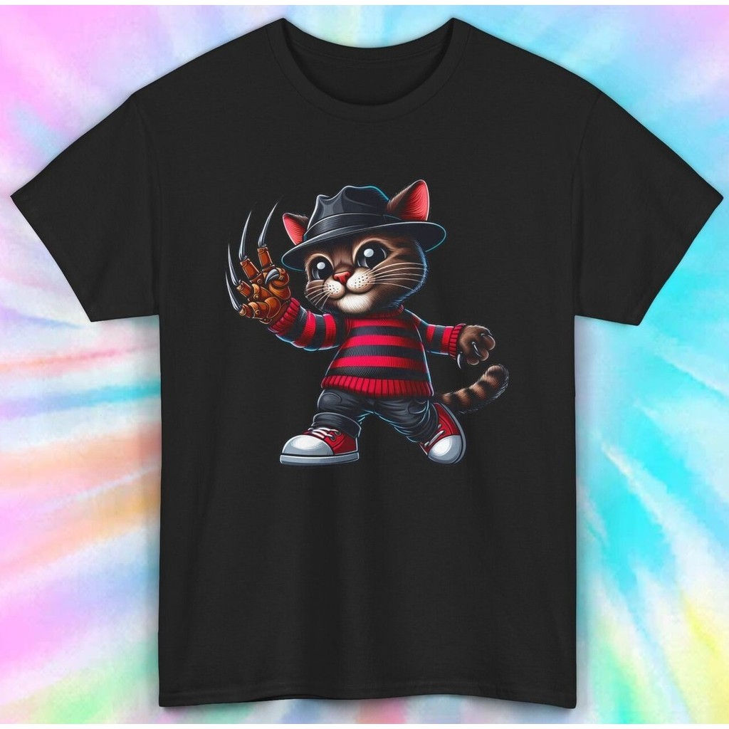 เสื้อยืดแมว Freddy Krueger | ภาพยนตร์สยองขวัญน่ารักล้อเลียน ที ใหม่คริสต์มาสตลกแฟชั่นสไตล์ย้อนยุค