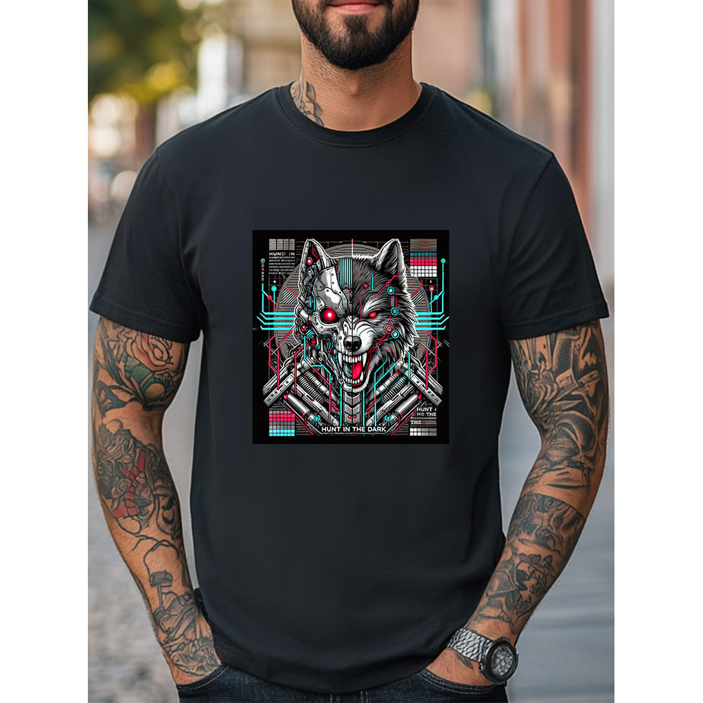 เสื้อยืด Cyber Wolf Mecha Wolf Hunt In The Dark Graphic เสื้อยืดลําลองสําหรับทั้งชายและหญิง