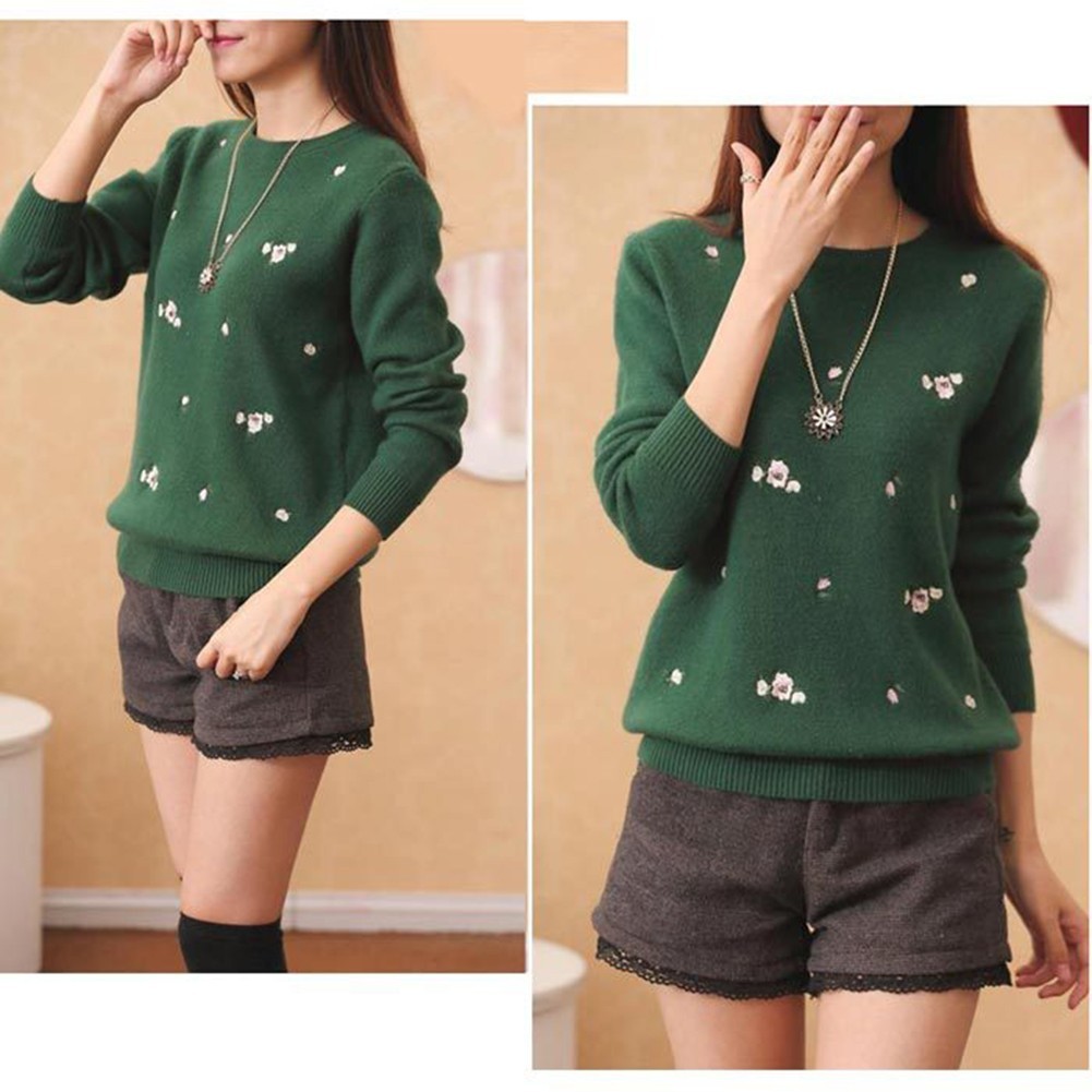 BCP Lady ปักแฟชั่น ลําลองหลวมรอบคอ กันหนาวแขนยาว