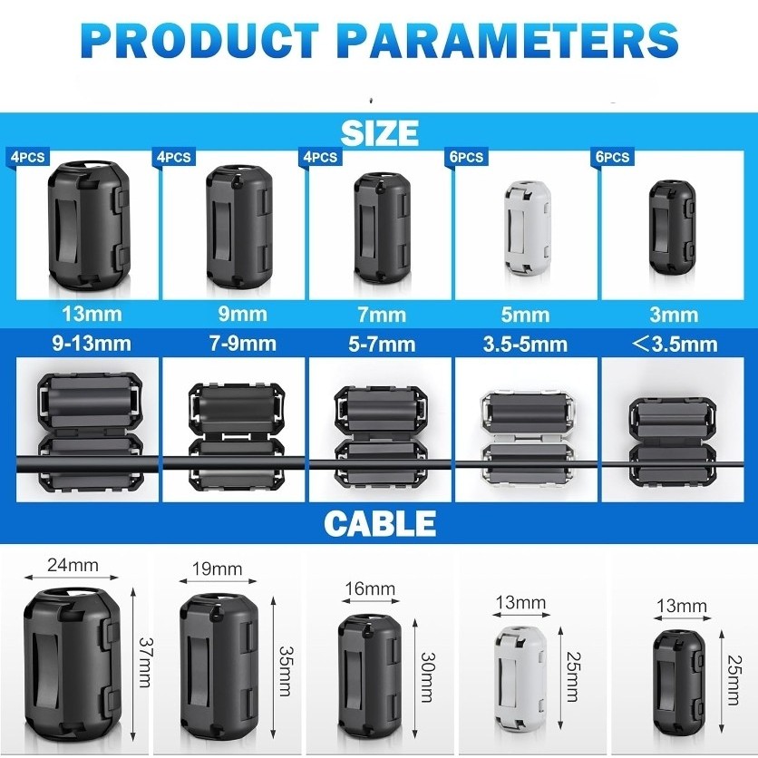 24 ชิ้น Ferrite ลูกปัด Snap-on Ferrite Choke kit สําหรับตัวกรอง RFI (3.5-13 มม.)