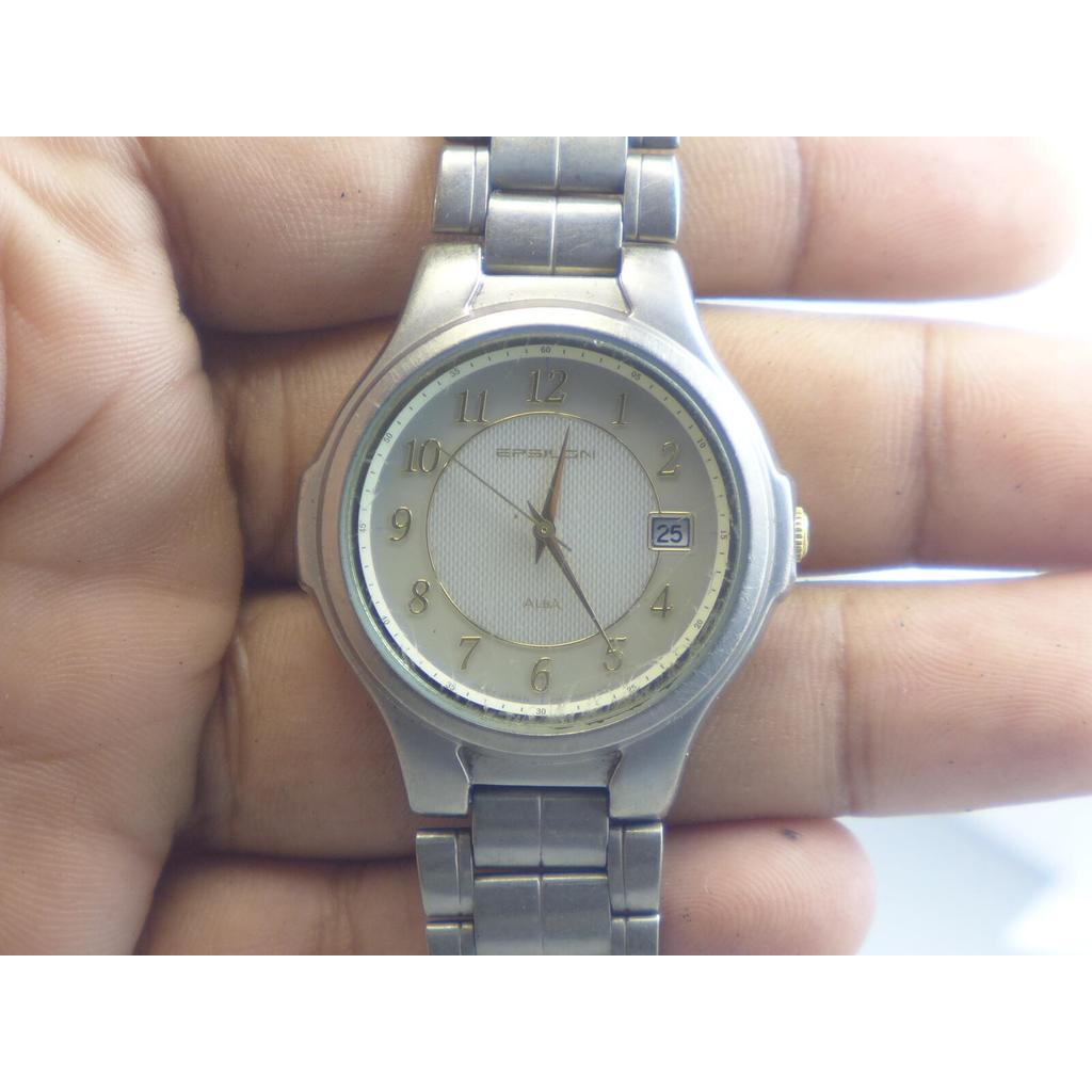 นาฬิกา Vintage มือสองญี่ปุ่น ALBA EPSILON V145 OD70 QUARTZ ผู้ชาย ทรงกลม กรอบเงิน หน้าขาว สายTitaniu