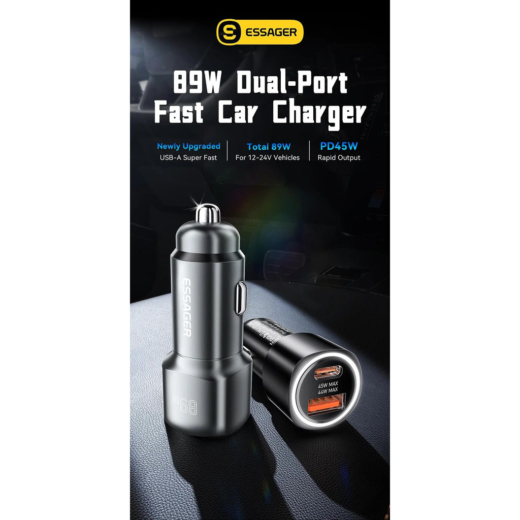 - ESSAGER Car Charger Fast Charging ไฟ LED USB Type C พอร์ต 89W - ES-CC16 -