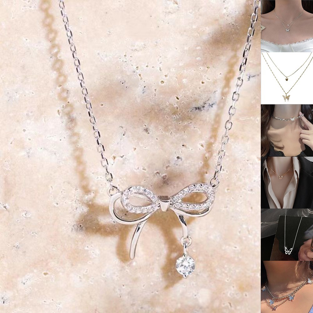 [DML] สร้อยคอผีเสื้อสีขาวเงินเงาหรูหราเครื่องประดับสองชั้นผู้หญิง