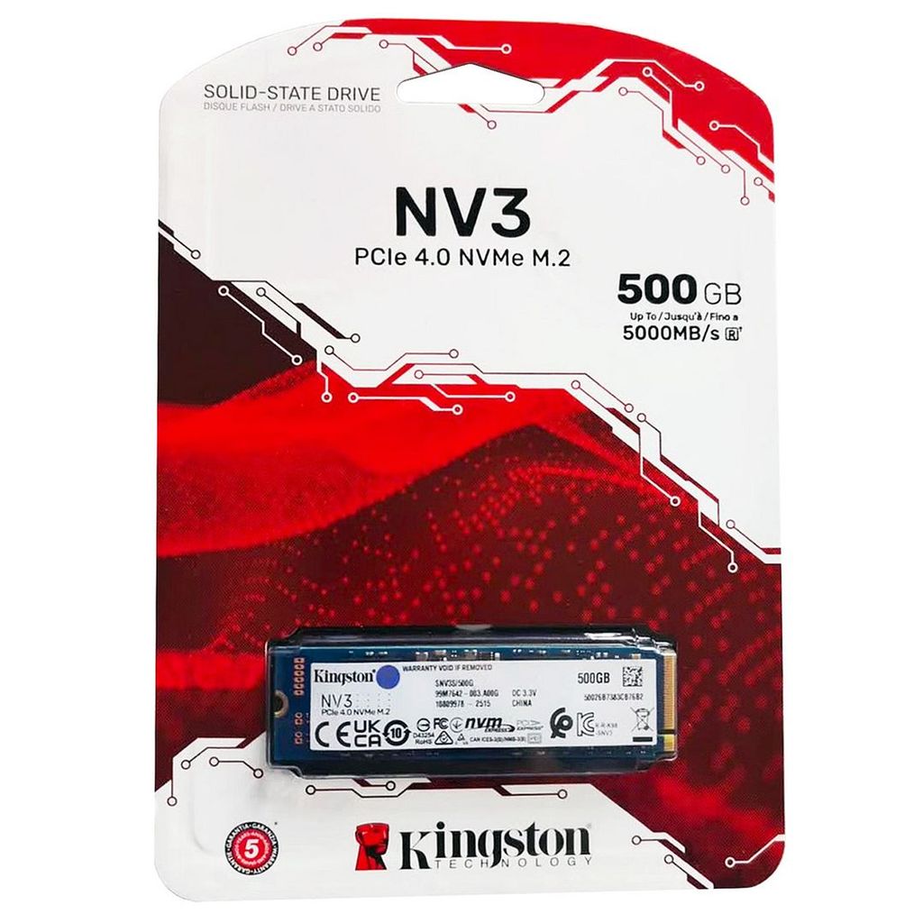 Kingston NV3 500GB PCIe 4.0 NVMe M.2 2280 SSD (SNV3S/500G) - R:5000MB/s, W:3000MB/s