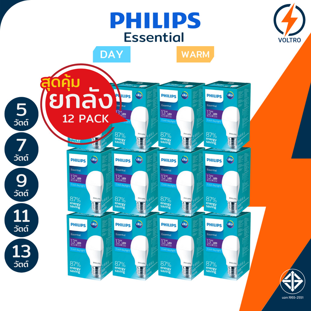 [แพ็ค12] PHILIPS หลอดไฟ LED E27 5 7W 9W 11W 13W แสงขาว เหลือง ของแท้ประกันศูนย์ รุ่น Essential