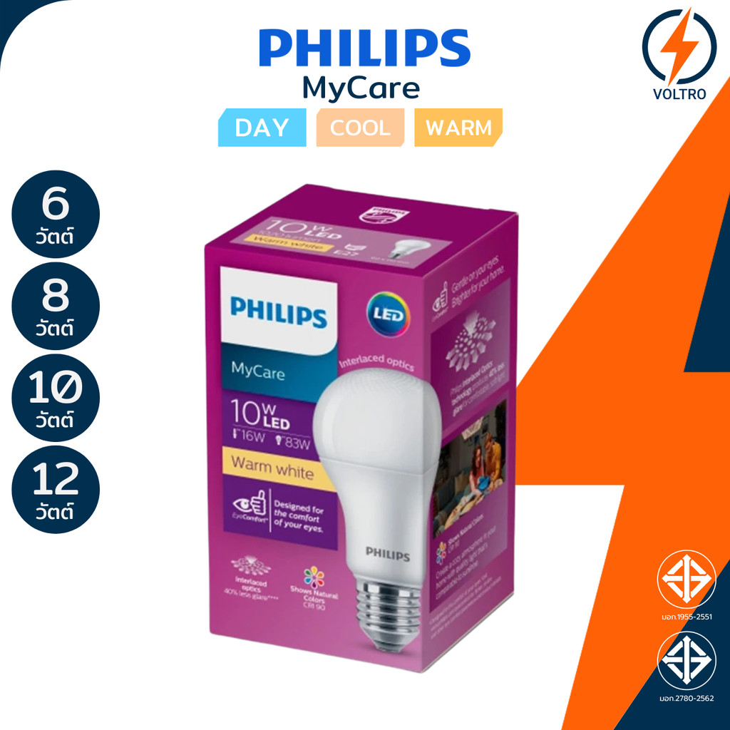 Philips หลอดไฟ Led รุ่น MyCare ขั้ว E27 6W 8W 10W 12W แสงขาว 6500K , แสงเหลือง 3000K ของแท้