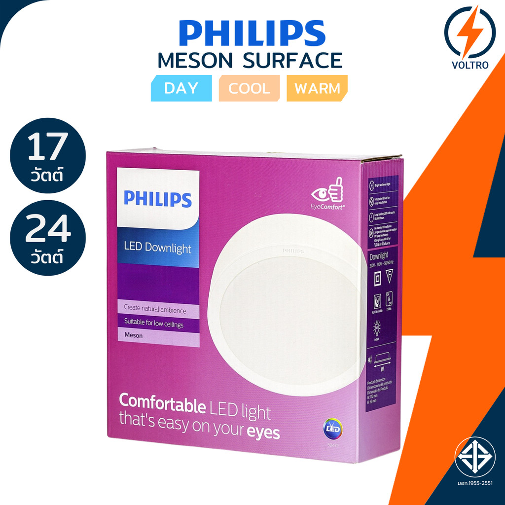 PHILIPS โคมไฟติดลอย รุ่น Meson Surface LED หน้ากลม 17W 24W แสงขาว เหลือง ขาวนวล Downlight