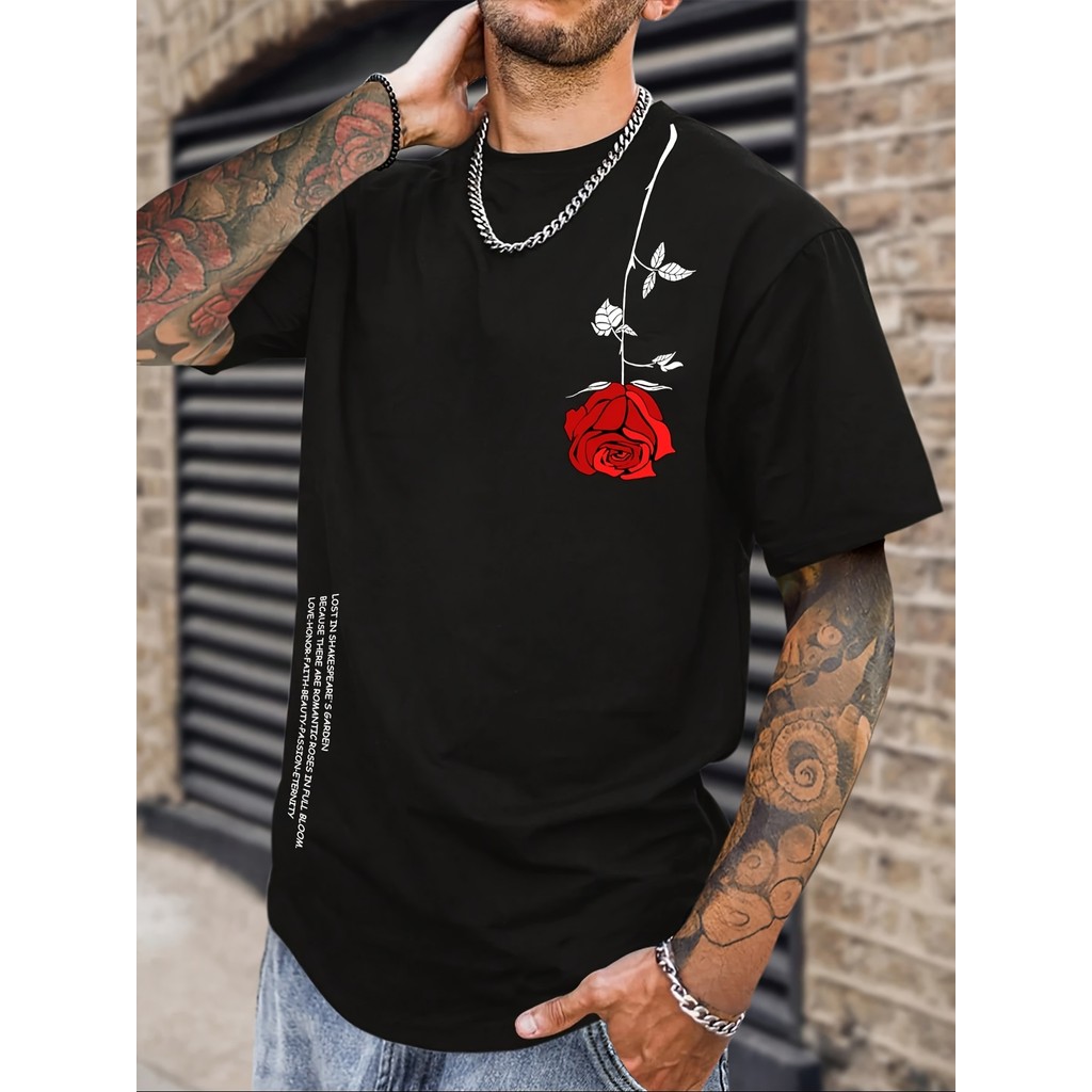 Manfinity Homme Men Floral & Slogan Graphic Tee, Rose Shirt, 2000s Style