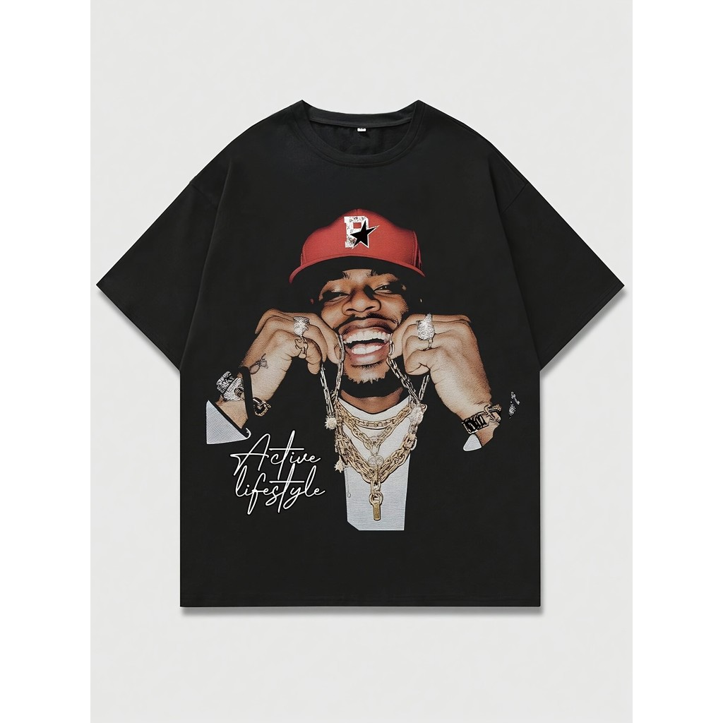 ROMWE MEN Street Life เสื้อยืดแขนสั้นพิมพ์ลายภาพผู้ชาย เหมาะสําหรับสวมใส่ทุกวันในฤดูใบไม้ผลิและฤดูร้