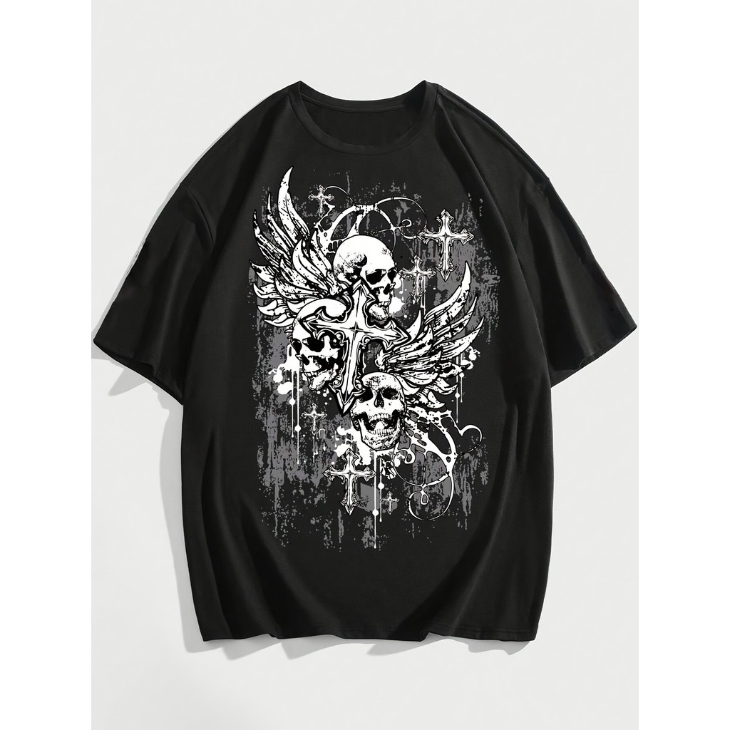ROMWE MEN Goth Men Skull & Cross Print Tee, School, 2000s Style