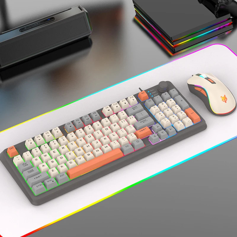 Xunfox คีย์บอร์ดเกม Rgb Led Usb แบบมีสาย 94 คีย์ปุ่มด้านบนพร้อมเมาส์ K820 สีเทา