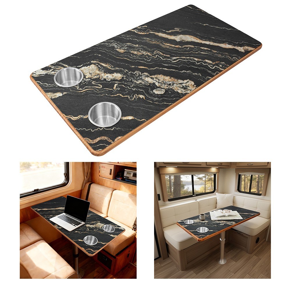 สต็อกพร้อม31.5x15.8 นิ้ว RV Table Top พร้อมที่วางแก้วสแตนเลส 2 อัน โต๊ะไม้สีดํา