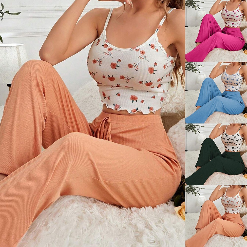 ⭐สินค้าใหม่⭐Women Floral Printed Pijamas Loungewear Tanks Top+Long Pants Sleepwear