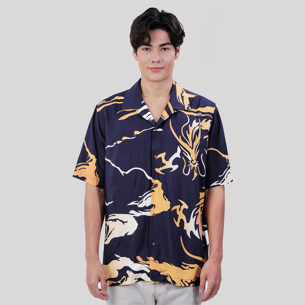 John Henry เสื้อเชิ้ตฮาวายผู้ชายแขนสั้น ทรงใส่สบาย รุ่น JH S126MSSRL12 - สีกรมท่า