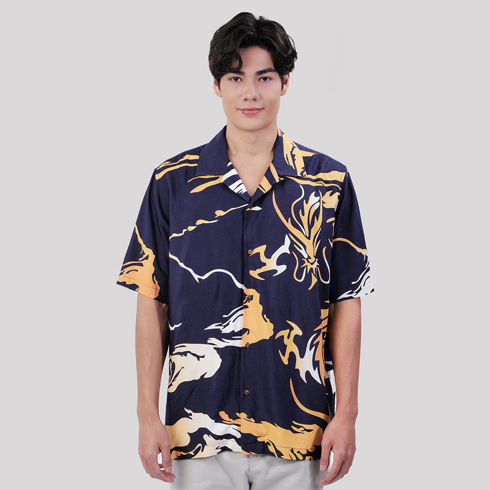 John Henry เสื้อเชิ้ตฮาวายผู้ชายแขนสั้น ทรงใส่สบาย รุ่น JH S126MSSRL12 - สีกรมท่า