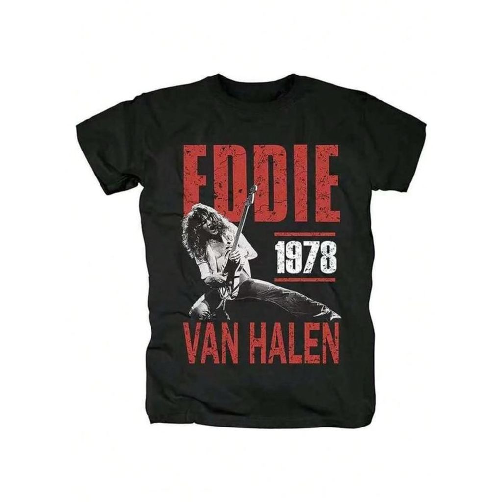 Unisex Casual Pure Cotton เสื้อยืดแขนสั้น Eddie Van Halen Tribute กราฟิกฤดูร้อนสีดําพิมพ์เสื้อคุณภาพ