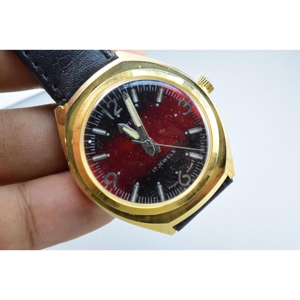 นาฬิกา Vintage มือสองญี่ปุ่น Oris ไขลาน ผู้ชาย ทรงกลม กรอบทอง หน้าปัดสีแดง 40มม สำหรับอะไหล่/ซ่อม ขา