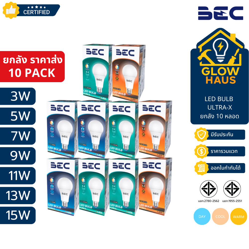 [ราคาพิเศษ10หลอด] BEC Ultra-X หลอดไฟ Led E27 3W 5W 7W 9W 11W 13W 15W 2700K/4000K/6500K