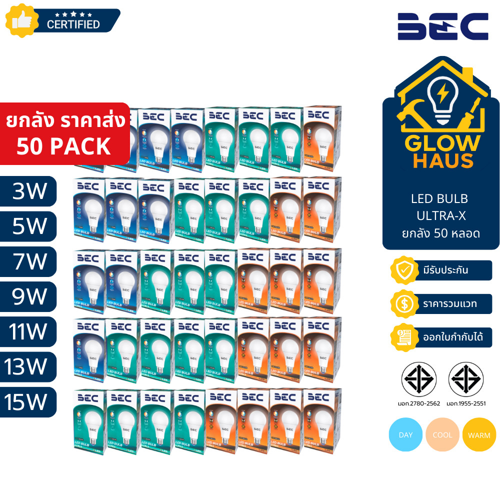 [ราคาพิเศษ50หลอด] BEC Ultra-X หลอดไฟ Led E27 3W 5W 7W 9W 11W 13W 15W 2700K/4000K/6500K